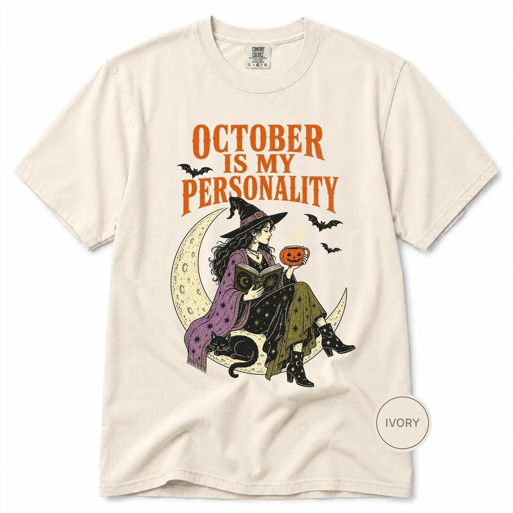 S October Is My Personality Shirt, Witch Reading On Moon Tee, Black Cat